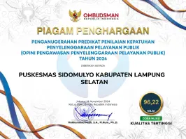 Ombudsman Berikan  Nilai Predikat Penyelenggara Pelayanan Publik  Nilai  Tertinggi Kepada Puskesmas Sidomulyo